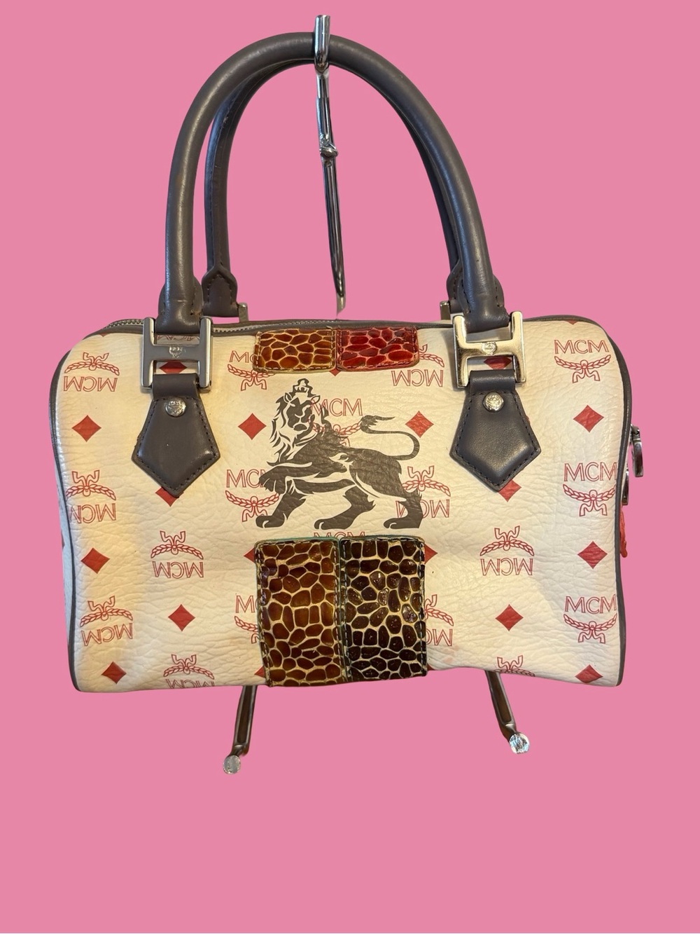 MCM Cream & Brown Logo Satchel with Red Accents